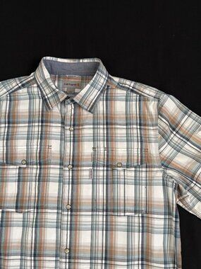 Carhartt Mens Shirt Large Tan/Blue Plaid Relaxed Fit Pearl Snap Short Sleeve